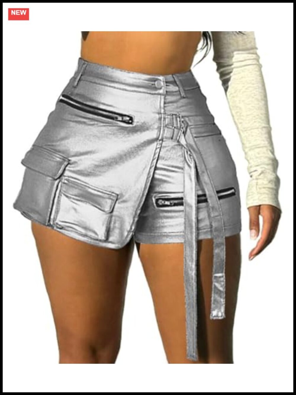 Women's Metallic Faux Leather High Waisted Cargo Skort with Pockets